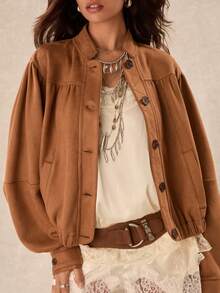 Easelle Vintage Bohemian Ruched Loose Fit Women's Jacket - Brown - View 3