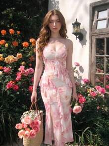 SHEIN MOD 女款優雅甜美花卉印花荷葉邊開衩細肩帶洋裝 - 粉色 - 查看 3
