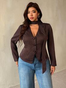 Auralis Plus Size Women's Striped Long Sleeve Single-Breasted Elegant Blazer - Brown - View 7