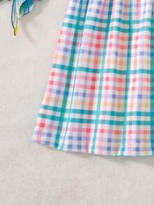 SHEIN 新生兒夏季百搭簡約彩色格紋圓領荷葉袖洋裝 - 彩色 - 查看 7