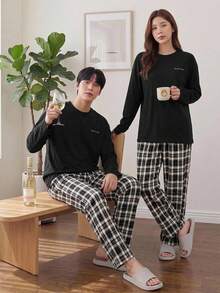 DAZY Set Piyama Kaos dan Celana Kotak-kotak Motif Huruf untuk Pria, Pakaian Musim Gugur dan Musim Dingin - Hitam - View 4