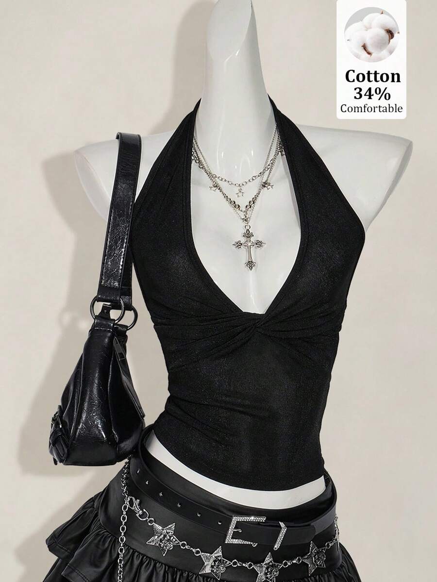 SHEIN ICON 休閒深V領打結掛脖背心上衣 - 黑色 - 查看 1