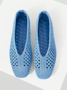 MOTF WOMEN LIGHT BLUE HOLLOW OUT SQUARE TOE FLATS SPRING SHOES - Baby Blue - View 1