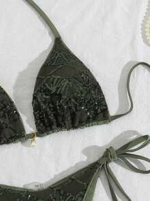 Costavie Swim Basics 2-Piece Spring/Summer Beach Vacation Sequin Textured Fabric Pearl Decor Halter Triangle Bikini Top And Side Tie Bikini Bottom Sexy Bikini Set - Army Green - View 3