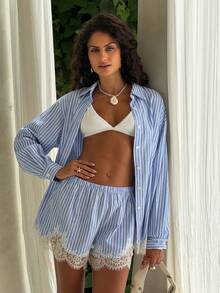 Opulessa Casual Woven Striped Loose Shirt & Shorts Women's 2 Pieces Set - Blue - View 6
