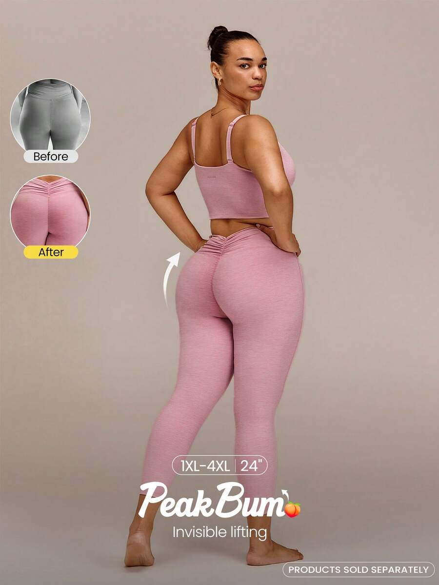GLOWMODE 24'' Plus Size FeatherFit™-CloudBlend Ruched Waist Back Peakbum Invisible Butt Lifting Leggings Ballet Barre Studio Daily Casual - Pink - View 1