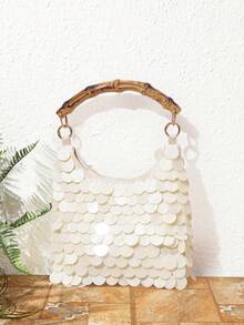 SHECARRY LADIES FASHION BEIGE HANDBAG, VINTAGE BAMBOO HANDBAG, SHELL PIECE DECORATION, FOR SUMMER VACATION, TRAVEL, SEASIDE, BEACH, BOHEMIAN, PARTY - Beige - View 2