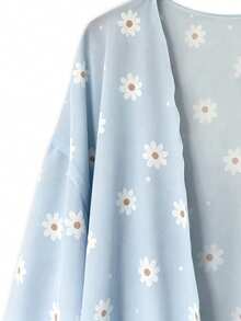 SHEIN PETITE Summer Ditsy Floral Sun Protection Chiffon Blouse - Baby Blue - View 6