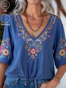 EMERY ROSE Women's V-Neck Printed Short Sleeve Blouse, Casual Matrix Versatile, Office Night Vacation Blue And Yellow Summer - Multicolor - View 5
