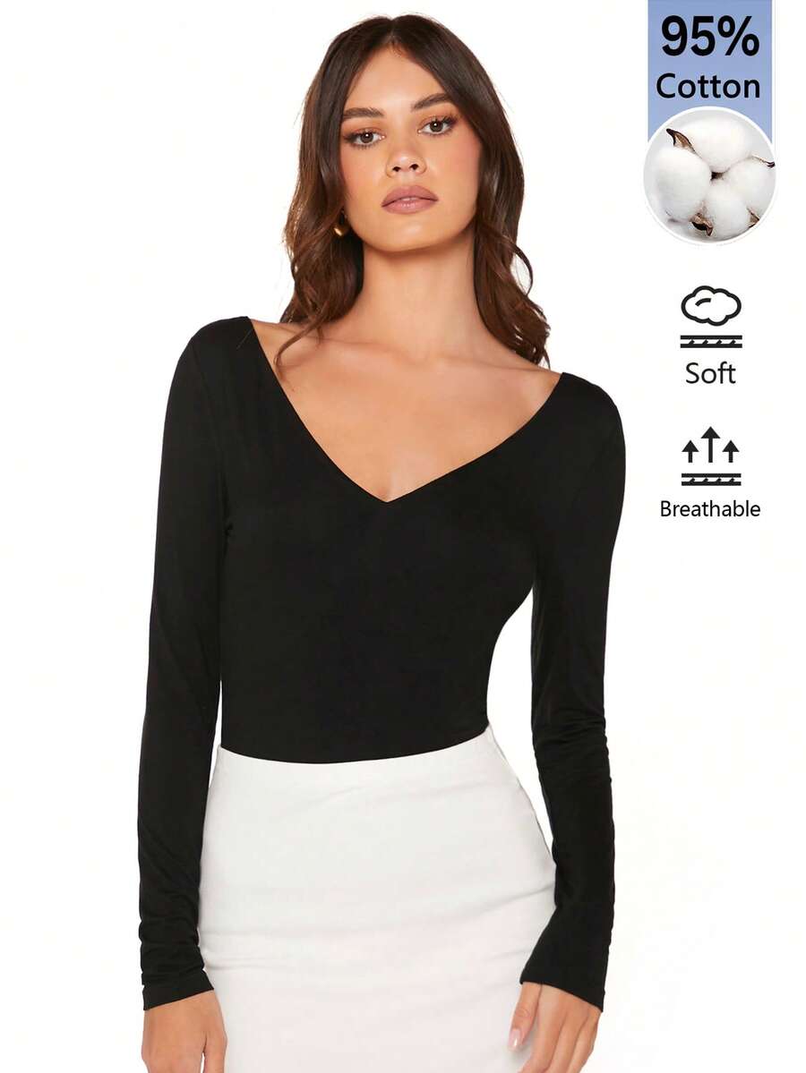SHEIN BASICS 女款休閒百搭純色修身長袖T恤 - 黑色 - 查看 1