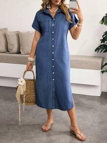 Sunnyshic Plus Size Single-Breasted Fashion Versatile Side Slit Denim Dress - Blue - View 1