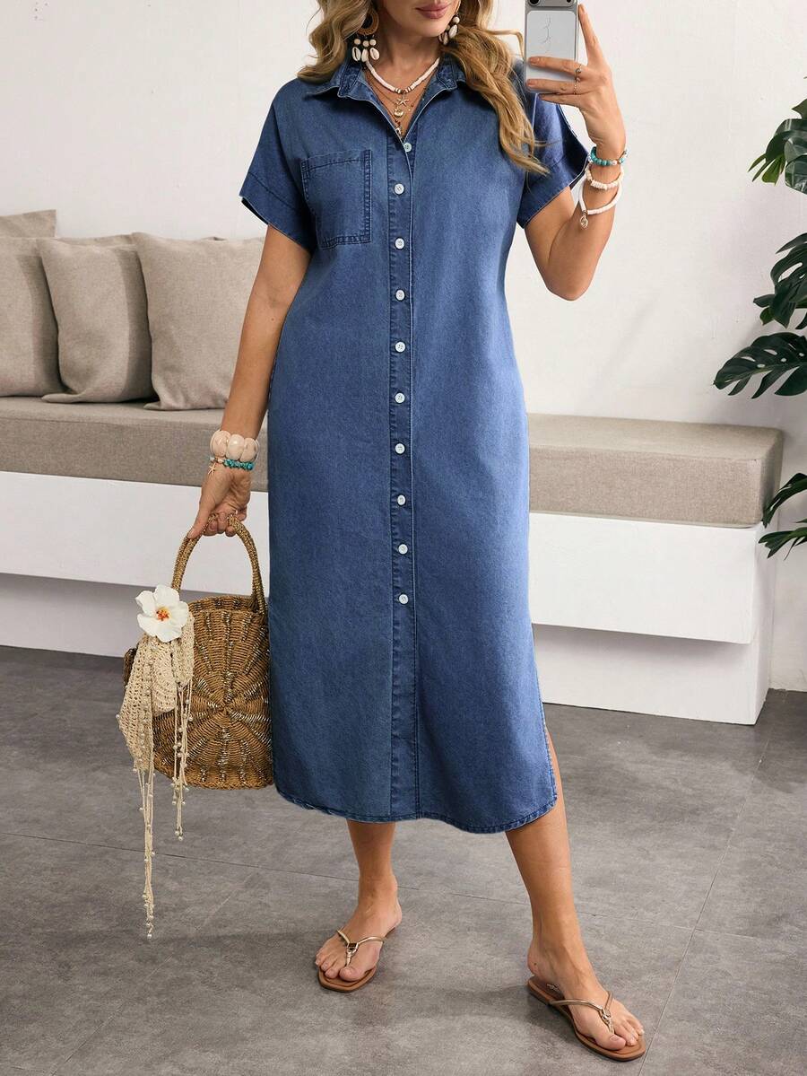 Sunnyshic Plus Size Single-Breasted Fashion Versatile Side Slit Denim Dress - Blue - View 1