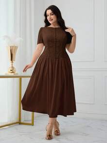 Modelyn Plus Size Women Solid Color Pleated Casual Party Dress - Coffee Brown - View 3