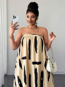 Maweii Vestido Longo Solto Bandeau Listrado Vertical Azul & Branco para Mulheres Plus Size, Roupa Casual Francesa de Férias na Praia Primavera/Verão - Multicolorido - Visão 6