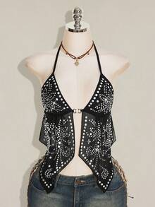 SHEIN ICON Women's Rivet Design Mesh Halter Neck Tank Top With Sexy Slit Hem - Black - View 8