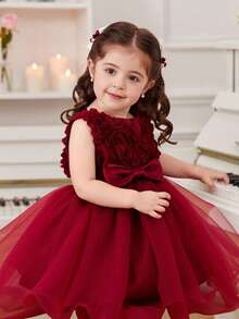 SHEIN Glamorique Kids 女嬰酒紅色薄紗3D花朵無袖洋裝，生日花童派對、婚禮公主風夏季保暖優雅造型 - 酒紅色 - 查看 4