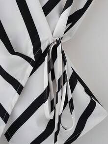 GlowEve CURVE Plus-Size Women's Elegant V-Neck Black And White Striped Sleeveless Wrap Tie Shirt, - Black and White - View 4