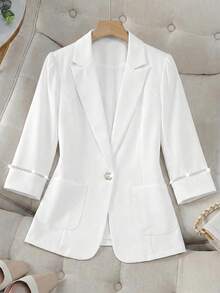 SHEIN Clasi Spring Summer Casual Solid Color Suit Jacket For Commuting Cuff Splicing Pearl Webbing Fall Women Clothes - White - View 5