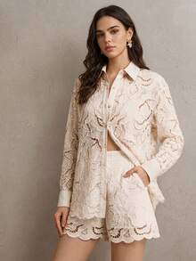 Anewsta Summer New Elegant Loose Fit Semi-Sheer Women Blouse - Apricot - View 2