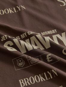 SWAVVY 男士針織時尚日常年輕休閒英文印花拼接寬鬆長袖T恤 - 棕色 - 查看 3