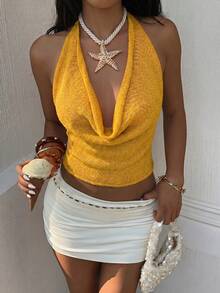 Aloruh Spring Summer Elegant Tropical Sexy Boho Music Festival Party Beach Going Out Vacation Mustard Yellow Cross Halter Backless Deep V Mesh Knit Top - Yellow - View 5