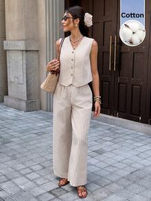 Serisse Women's Striped Single-Breasted Vest And Pants Casual Two Pieces Set - Apricot - View 4