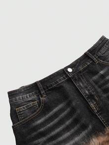 ROMWE Fairycore Rok Mini Denim Bulu Imitasi Motif Leopard Ukuran Besar dengan Bordir dan Hiasan Berlian Imitasi - Hitam - View 3