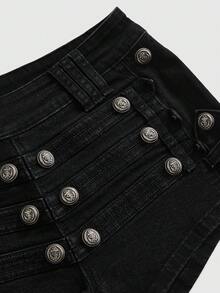 ROMWE Grunge Punk 女款牛仔短褲，拿破崙金屬扣飾，海軍藍辣妹風音樂節春夏性感低腰 - 黑色 - 查看 3