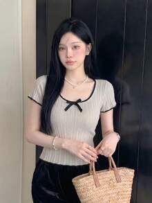 DAZY 女款蝴蝶結裝飾短袖針織上衣 夏季 - 杏色 - 查看 3