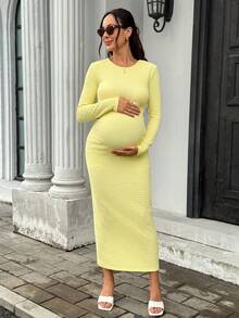Modmama 孕婦純色圓領長袖修身優雅洋裝 - 黃色 - 查看 7