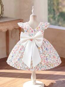 SHEIN Glamorique Kids 女嬰無袖公主洋裝，蕾絲刺繡與彩色印花，背部可拆卸大蝴蝶結，適合週歲派對、生日派對、婚禮花童、家庭聚會、儀式感場合、日常出遊、拍照、度假、畢業舞會 - 彩色 - 查看 1