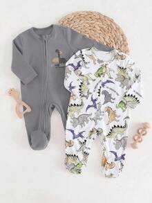 SHEIN 新生兒恐龍印花拉鍊休閒日常長袖連身衣 2件組 - 灰色 - 查看 8