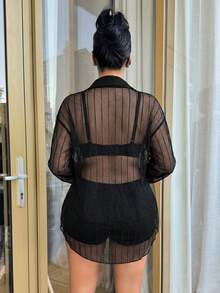 SHEIN SXY 女款網格拼接休閒性感百搭日常穿著襯衫，黑色夏季哥德風，適合萬聖節、夜店、演唱會穿搭 - 黑色 - 查看 2