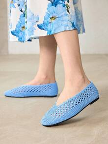 MOTF WOMEN LIGHT BLUE HOLLOW OUT SQUARE TOE FLATS SPRING SHOES - Baby Blue - View 4