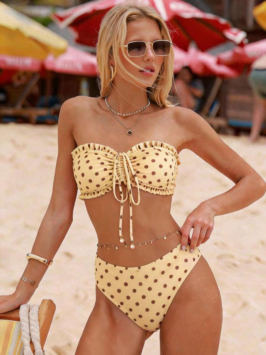 Swim Vcay 女款夏季海灘度假新款可愛平口式荷葉邊甜美小碎花精緻珍珠吊墜抽繩綁帶比基尼套裝 - 彩色 - 查看 1
