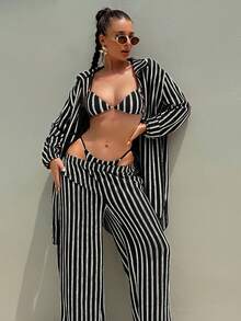 Swim SXY Women's Blue & White Striped Jacquard Fabric Spaghetti Strap Metal Decor Bikini Set, Spring/Summer - Black and White - View 6