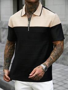 Manfinity CasualCool 男士夏季休閒拼色拼接短袖 Polo 衫 - 黑色 - 查看 7