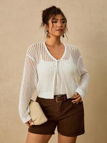 Travachic Plus Size French Vacation Hollow Out Tie-Front Long Sleeve Knit Cardigan - White - View 1