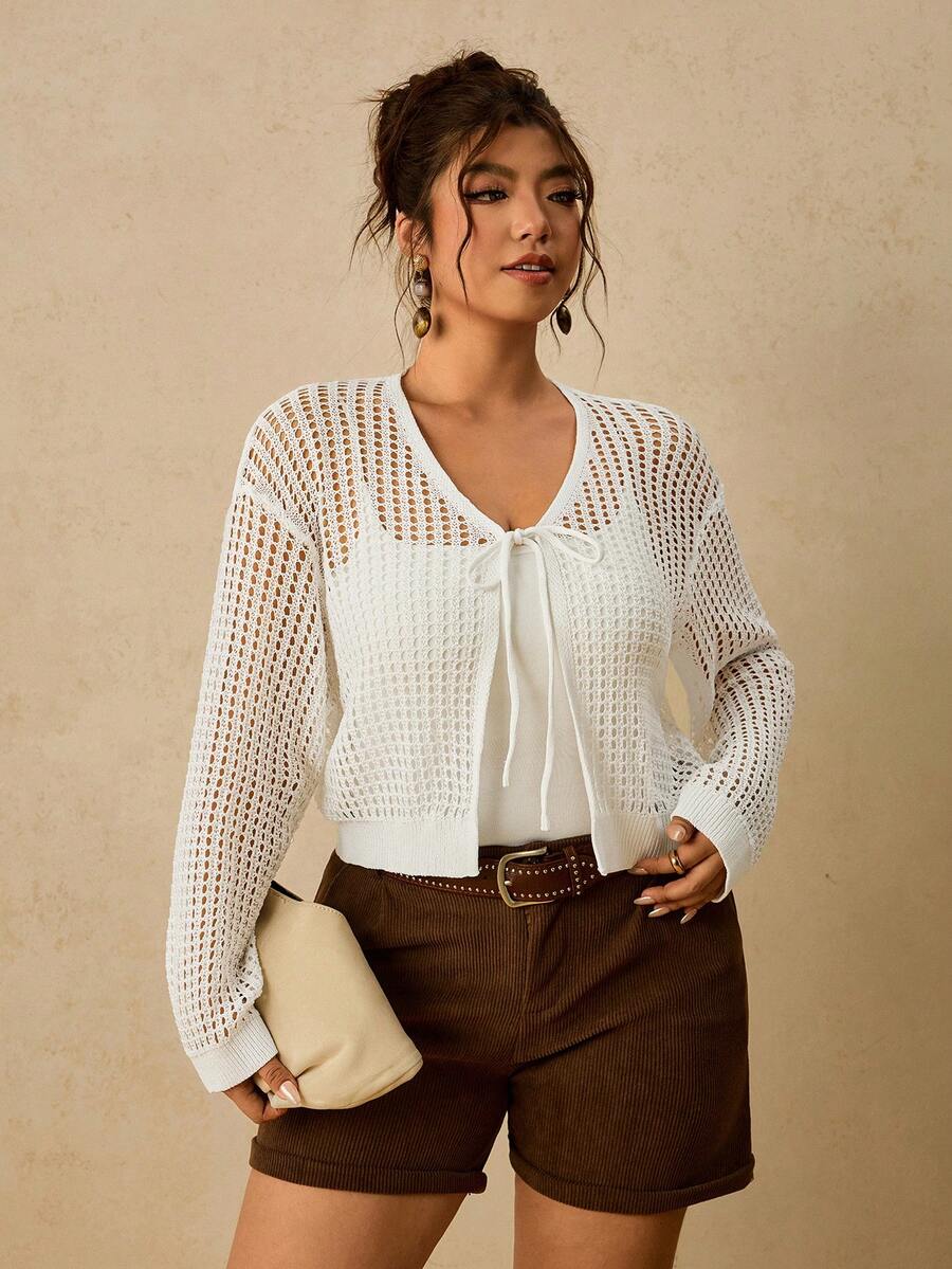Travachic Plus Size French Vacation Hollow Out Tie-Front Long Sleeve Knit Cardigan - White - View 1