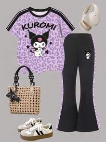HELLO KITTY AND FRIENDS | SHEIN 青少年女孩紫色豹紋短袖T恤與側開喇叭褲2件套 - 紫色 - 查看 1