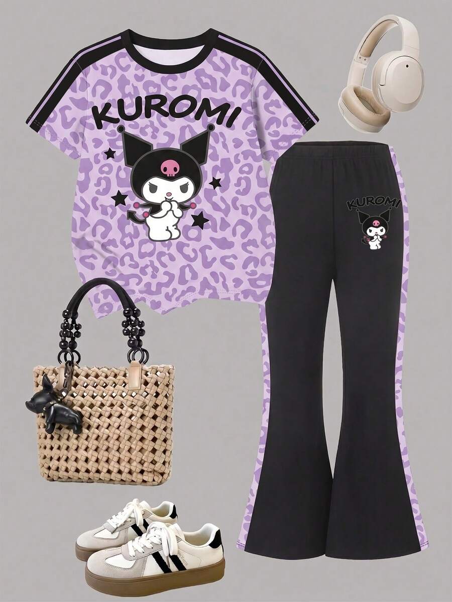 HELLO KITTY AND FRIENDS | SHEIN 青少年女孩紫色豹紋短袖T恤與側開喇叭褲2件套 - 紫色 - 查看 1