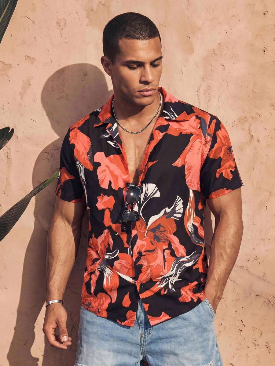Ocevento Men's Floral Print Short Sleeve Single-Breasted Casual Shirt - Black - View 1
