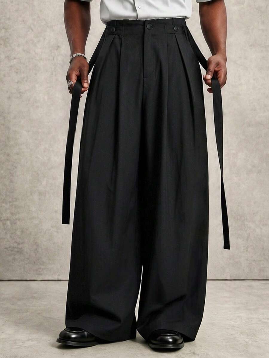 PAVTROS Pantalones de pierna ancha de unicolor plisados casuales y versátiles para uso diario para hombres - Negro - Ver 1