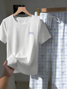 Attitoon 2pcs Set Embroidered Round Neck Short Sleeve Top And Striped Print Pants, Casual - Baby Blue - View 4
