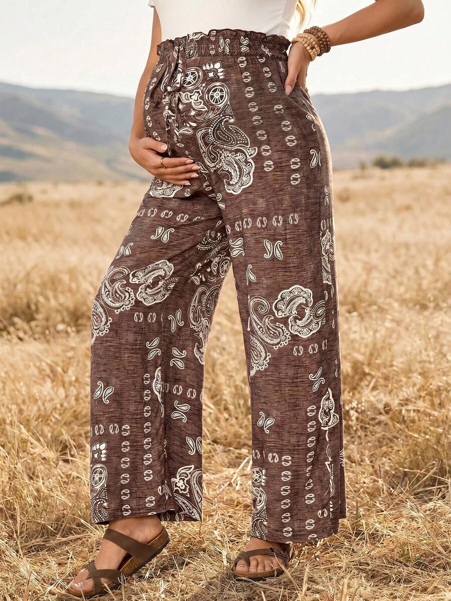 Boho Mama Pantalones largos de maternidad con patrón de anacardo, volantes y lazo en la cintura para vacaciones - Marrón - Ver 1