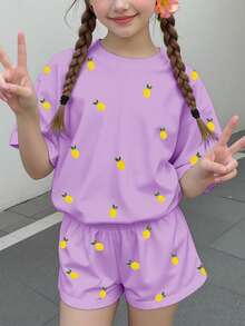 少女休閒極簡可愛波點迷你夏季熱帶水果檸檬圖案，奶油紫色，度假風，短袖短褲兩件套，適合夏季舒適春夏風格，圖案，卡哇伊 - 彩色 - 查看 2