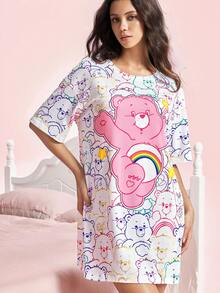 SHEIN X Care Bears 女款卡通印花圓領短袖睡裙 - 白色 - 查看 7