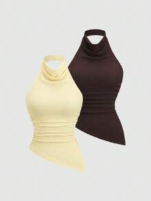Sweetra Women's New Fashion Versatile Halter Neck Backless Knit Elastic Textured Sleeveless Tank Top With Asymmetrical Hem, Multi-Color Light Yellow And Coffee Set - Multicolor - View 1