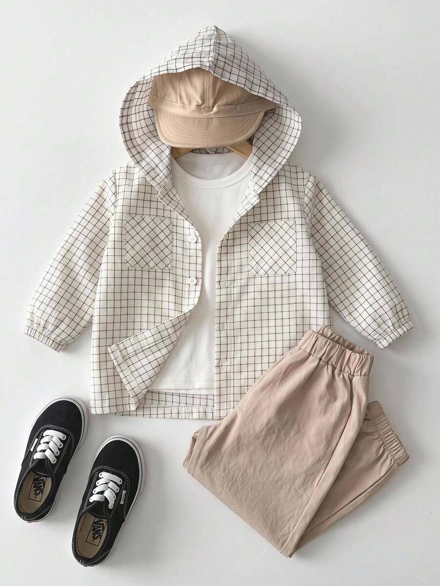 SHEIN 2件組兒童小男孩休閒連帽開襟長袖上衣與寬鬆錐形長褲梭織兩件套,適合通勤、上學、日常休閒、度假、旅行、運動,四季皆宜 - 彩色 - 查看 1