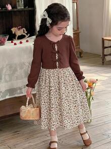 LMoss Kids Conjunto de 2 piezas para niña: Camiseta casual de cuello redondo ajustada de color liso de punto + Vestido camisola de tejido con estampado floral pequeño - Multicolor - Ver 7